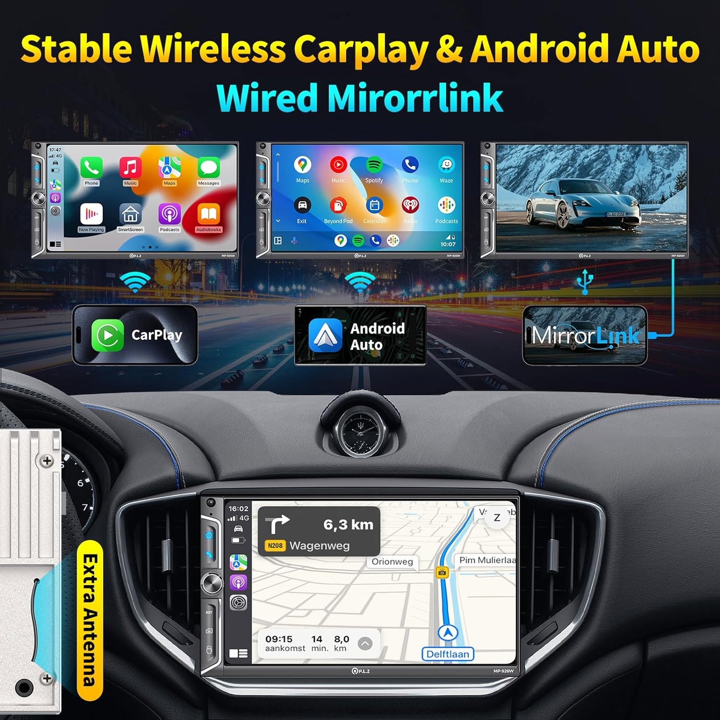 MP-926W 7 Inch Double Din Car Stereo With Wireless Apple CarPlay & Android Auto