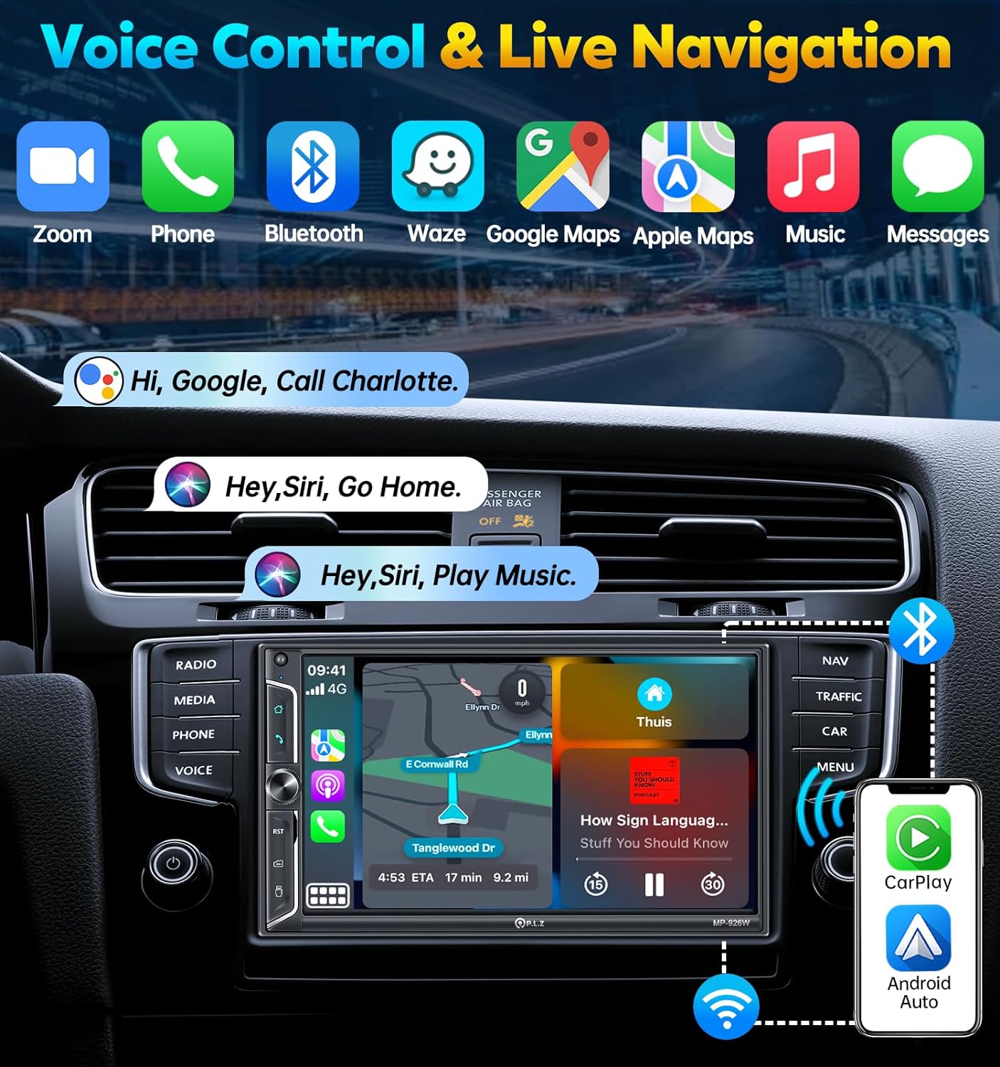 MP-926W 7 Inch Double Din Car Stereo With Wireless Apple CarPlay & Android Auto